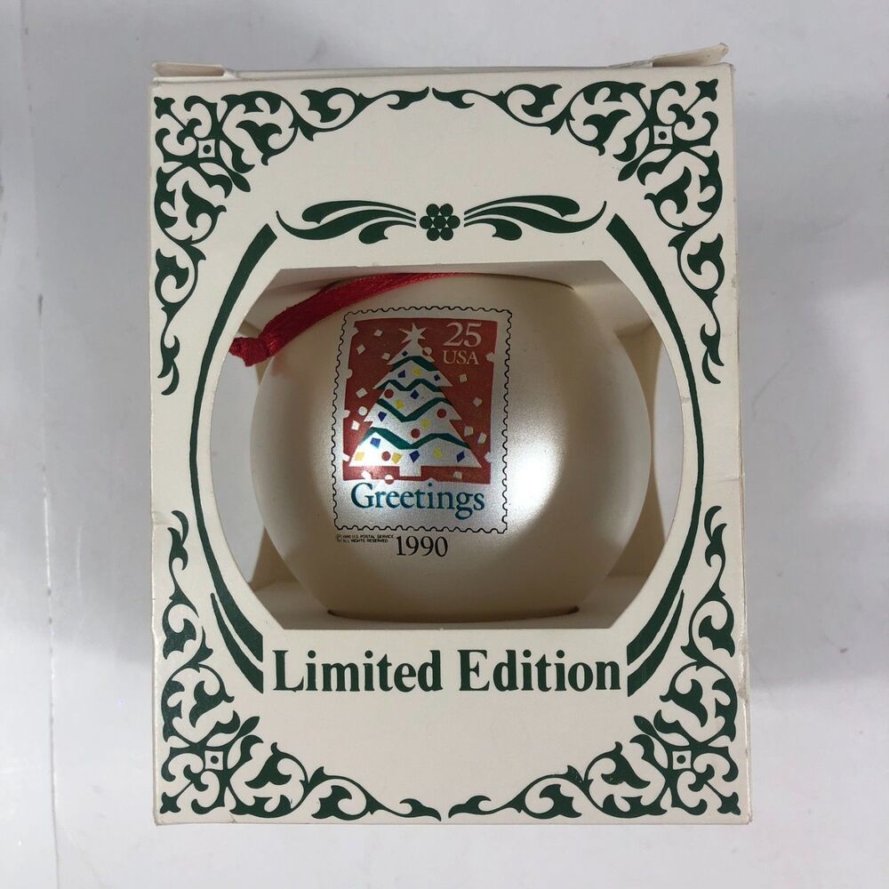 Vintage Limited Edition 1990 USPS 25 Cent Stamp Ornament, Greetings USA, Ball